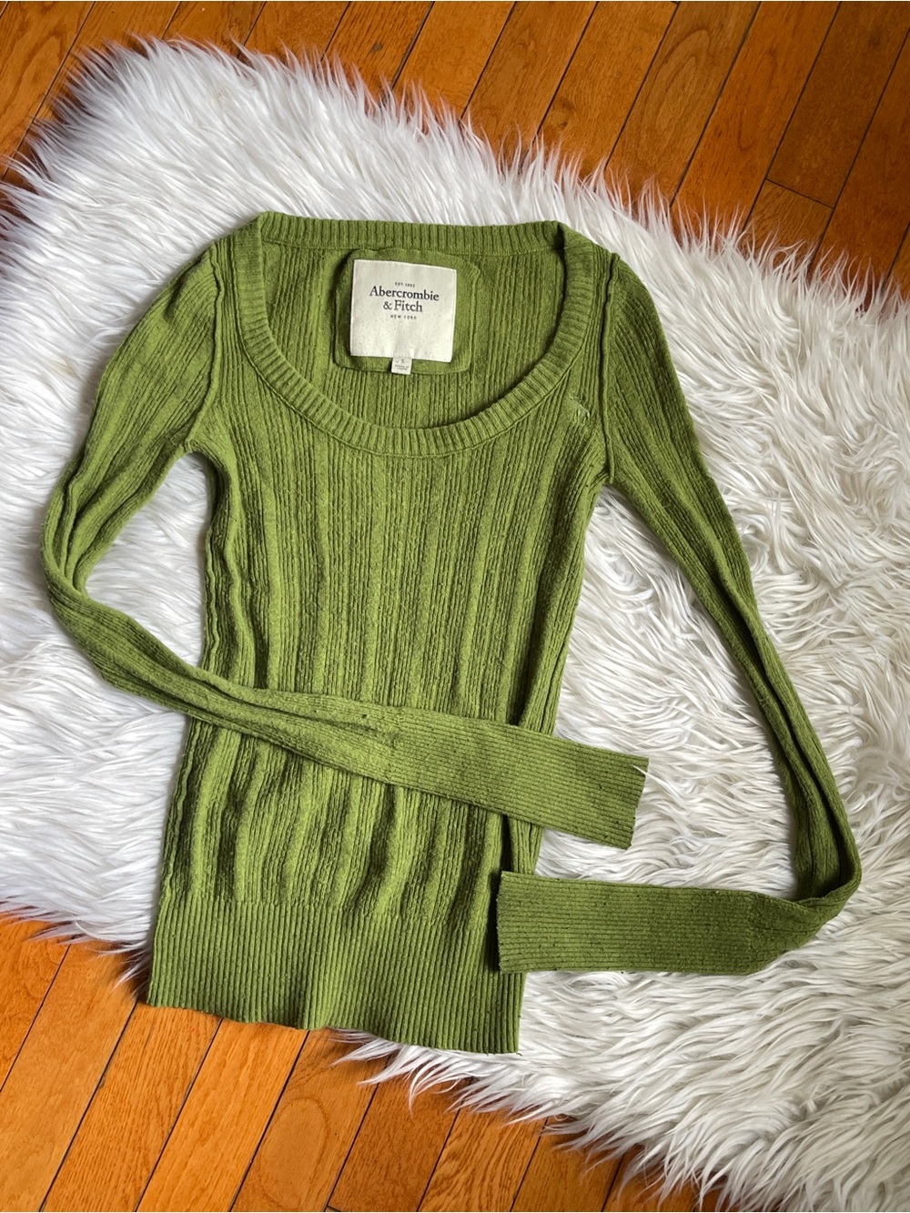 Abercrombie & Fitch Y2K Olive Green Ribbed Scoop Neck Sweater Top Size S